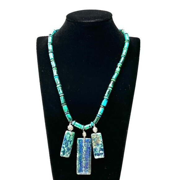 Vintage Stone Necklace—Blue-Green Lapis Lazuli Pendants & Chrysocolla Beads—EUC - Picture 1 of 9